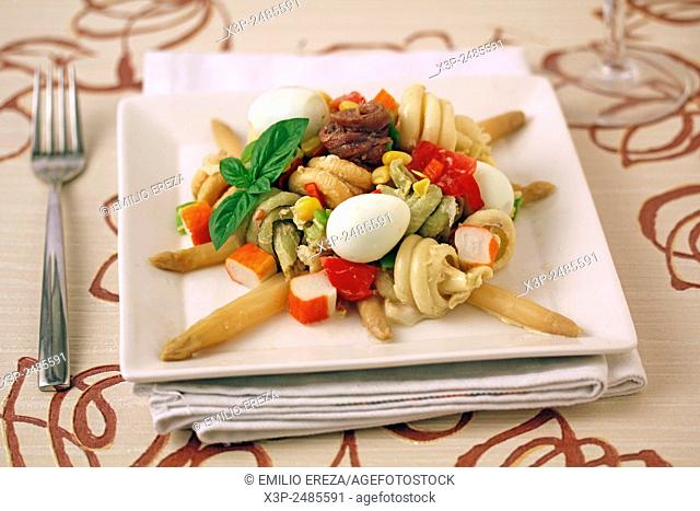 Pasta salad with surimi and eggs of quail