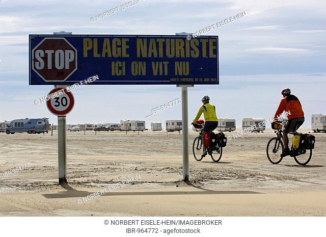 Sign for nudist camping, Plage de Piémanson Beach, La Camargue, Provence, France, Europe