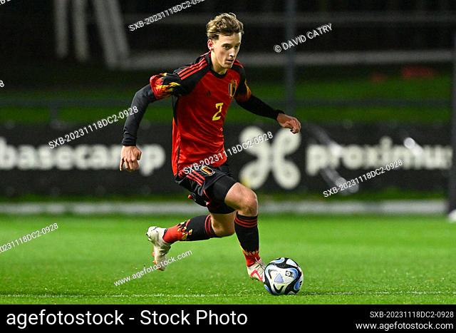 Gilles De Meyer (2) of Belgium pictured during a friendly soccer game between the national under 20 teams of Belgium and France on Saturday 18 November 2023 in...