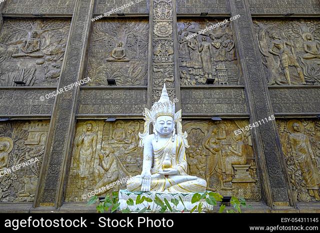 Colombo, Sri Lanka - February 2020: Buddha statue in the Gangaramaya Temple on February 3, 2020 in Colombo, Sri Lanka