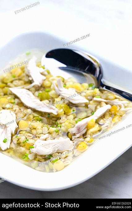 broth with chicken meat, barley groats and yellow peas