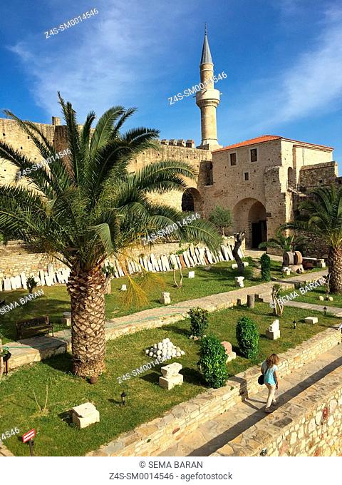 Scenic of Hisar Mosque Kaleici Mosque and garden terrace of Cesme Castle in Cesme, Izmir, Turkey, Europe