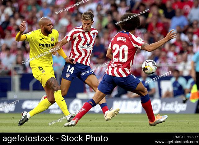 Madrid, Spain; 21.08.2022.- Villarreal player Gerard (L) and Llorente, Witsel Atletico de Madrid players. Atlético de Madrid vs Villarreal Spanish La Liga...