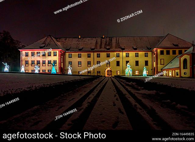 Wonderful Christmas atmosphere with colorful lighting at Altshausen Castle in Upper Swabia