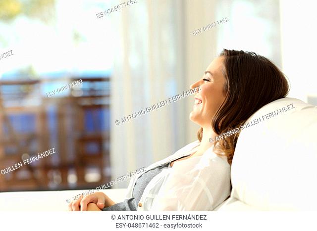 Side view portrait of a happy woman relaxing on vacations sitting on a couch and looking through a window in an apartment