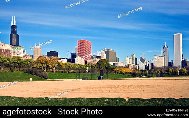 Panorama of Chicago with baseball field in the background, fall time