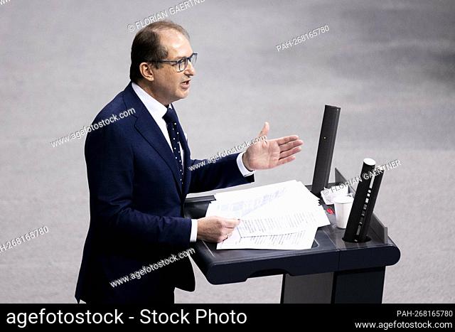Alexander Dobrindt, chairman of the CSU regional group in the German Bundestag, recorded as part of a debate on the government's declaration by the Federal...