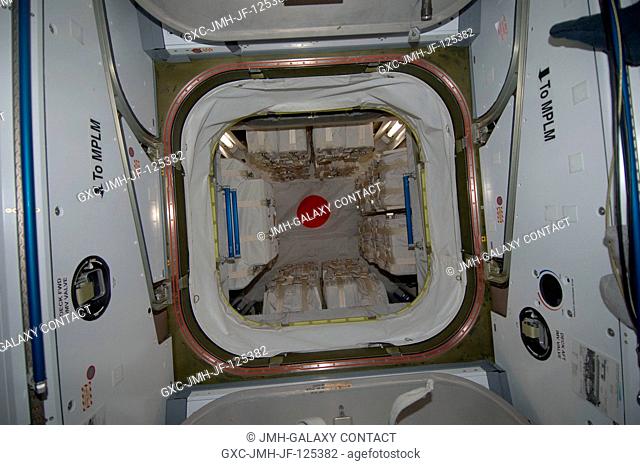 View of the interior of the newly attached Japanese H-II Transfer Vehicle (HTV) docked to the International Space Station