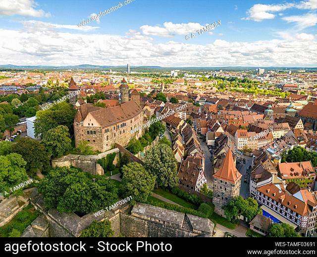 Germany, Bavaria, Nuremberg, Aerial view of¶ÿNuremberg Castle and surrounding¶ÿold town