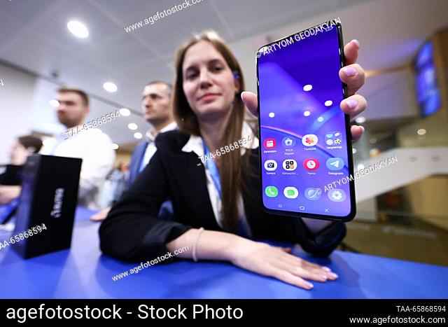 RUSSIA, MOSCOW - DECEMBER 18, 2023: The Russian smartphone R-Phone with the Rosa Mobile operating system is seen during the official presentation at the media...