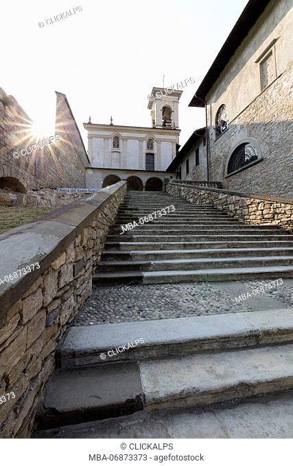 Staircase and facade of the ancient monastery of Astino, Longuelo, province of Bergamo, Lombardy, Italy, Europe