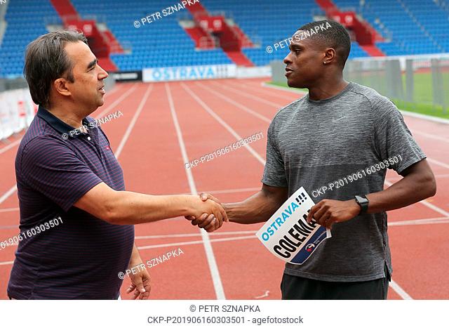 L-R Manager of the meeting Alfonz Juck and American sprinter Christian Coleman are seen during a press briefing prior to the 58th Golden Spike