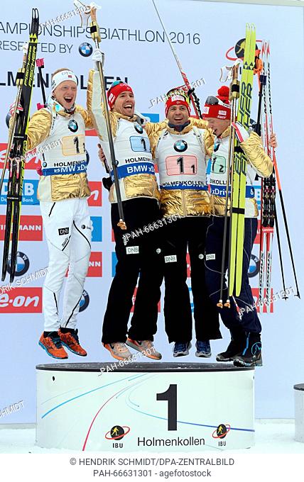 (L-R) Johannes Thingnes Boe, Emil Hegle Svendsen, Ole Einar Bjoerndalen and Tarjei Boe of Norway celebrate winning the gold medal during the flower ceremony for...
