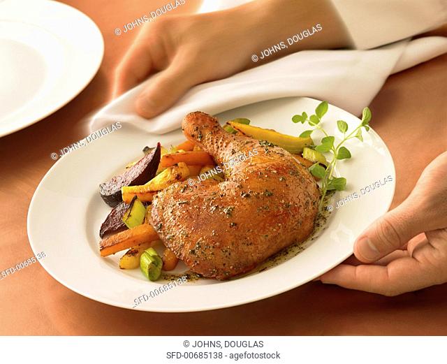 Serving Roasted Chicken and Vegetables
