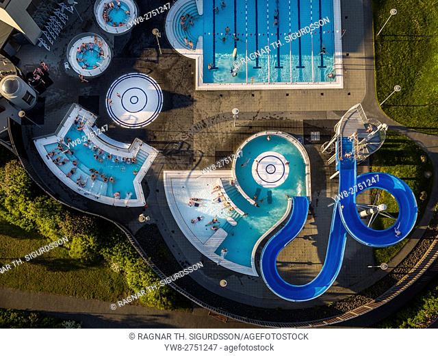 Swimming pool in Kopavogur, a suburb of Reykjavik, Iceland. This image is shot using a drone