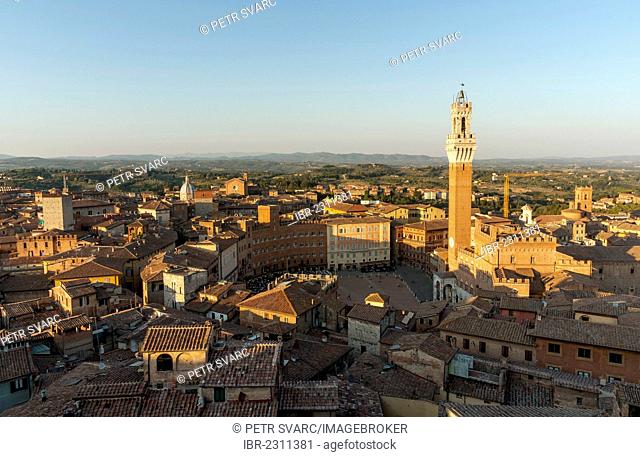 View of historic centre of Siena with Piazza del Campo and Palazzo Pubblico, Tuscany, Italy, Europa