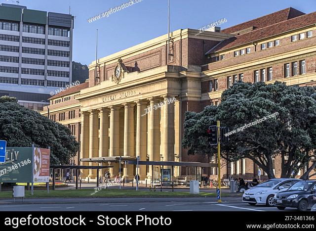 WELLINGTON, NEW ZEALAND - November 12 2019: cityscape with classical railway station facade at sunset, shot in bright spring light on november 12 2019 at...