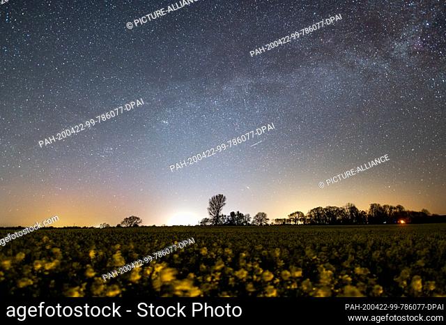 22 April 2020, Schleswig-Holstein, Neukirchen: The starry sky shines over a field of rape. Mostly starry skies currently allow a clear view of the shooting...