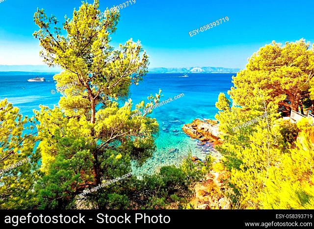 Secret hidden turquoise beach yachting and sailing destination in Bol, Island of Brac, archipelago of Dalmatia, Croatia