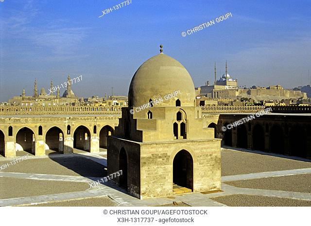 ablution fountain hall in the central courtyard of the Mosque Ibn Tulun with background the Mosque Mohamed Ali, Cairo, Egypt, Africa