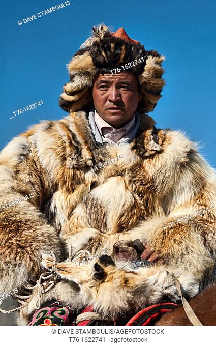 Kazakh eagle hunter on the Central Asian steppe in Bayan-Ölgii in Western Mongolia