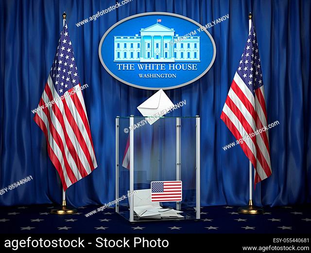 US Presidentilal Election concept. Ballot box with USA flags and sign of White House. 3d illustration