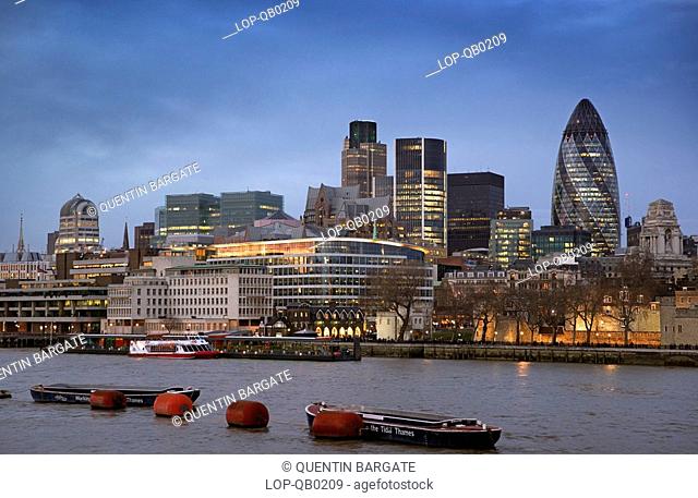 England, London, The City, Evening view of the City of London from south of the River Thames