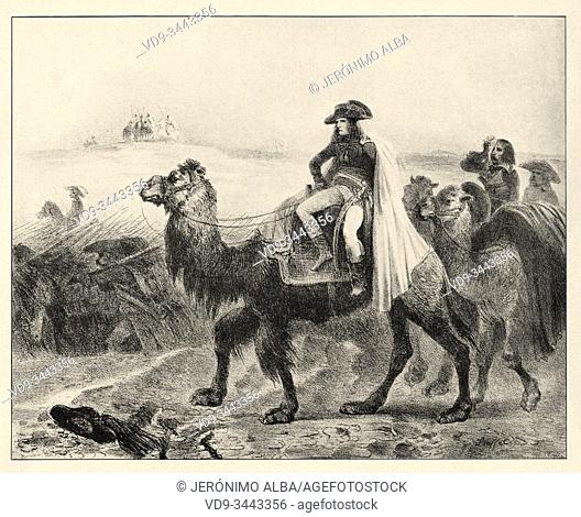 Napoleon Bonaparte riding a camel in Egypt, near 1798. History of France, old engraved illustration image from the book Histoire contemporaine par l'image 1872