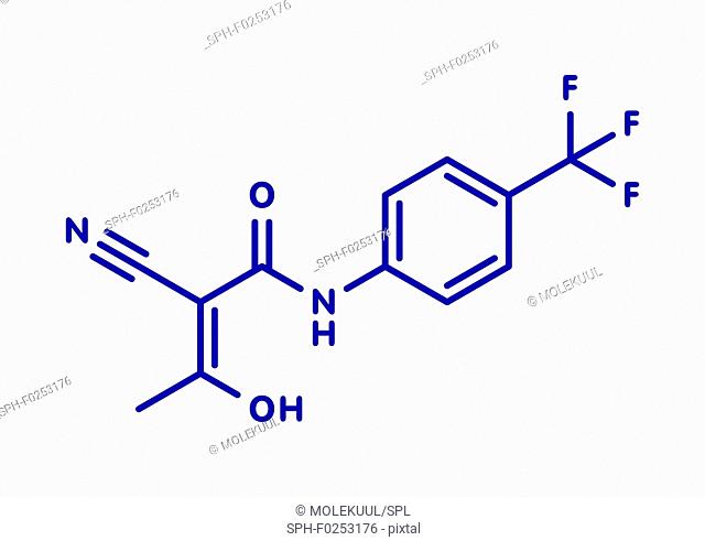 Teriflunomide multiple sclerosis (MS) drug molecule. Blue skeletal formula on white background