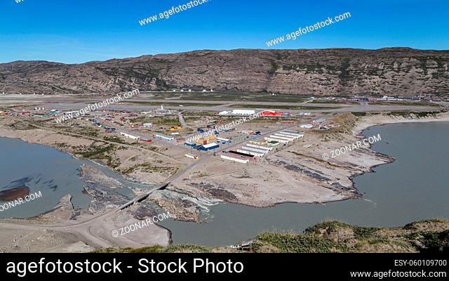 Kangerlussuaq, Greenland - July 13, 2018: View over the village with the international airport, which is Greenland's main air transport hub