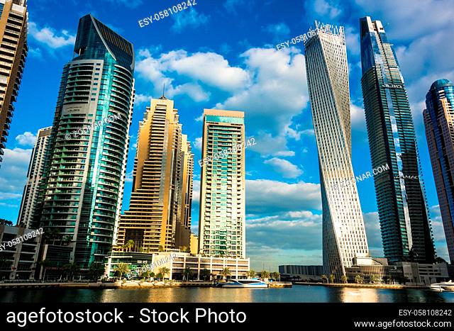 DUBAI, UNITED ARAB EMIRATES - FEB 5, 2019: Modern residential architecture of Dubai Marina, United Arab Emirates