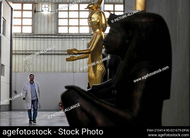 13 April 2021, Egypt, Obour City: Model replicas of ancient Egyptian statues are seen at Konouz factory, the first factory in the region for archaeological...