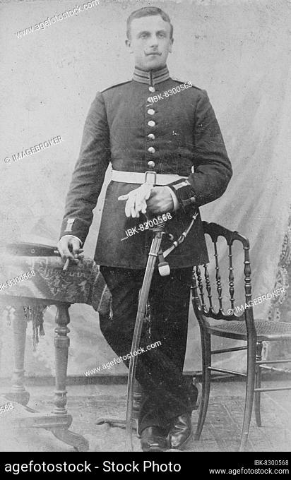 Man in uniform with sabre, 1890, Germany, Visitformat, Carte de Visite, Historic, digitally restored reproduction of an original from the 18th century, Europe