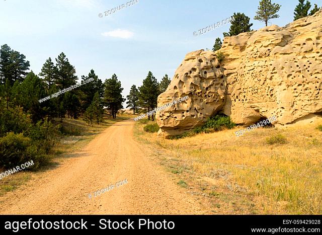 The gravel road through Medicine Rocks in Montana USA