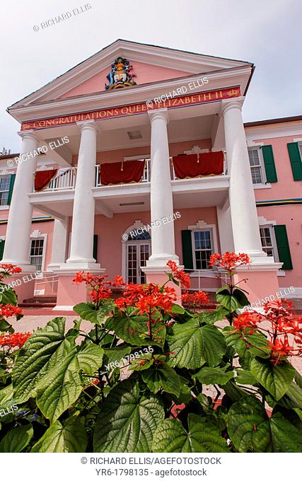 Pink Senate Building in Parliament Square decorated for the Queen's 60th Jubilee in Nassau , Bahamas