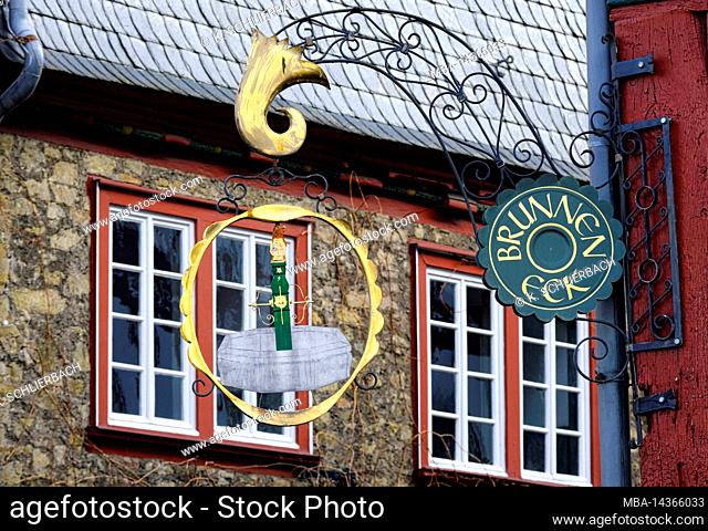 Europe, Germany, Hesse, city of Herborn, historic old town, figurehead on half-timbered house, Brunnen Eck