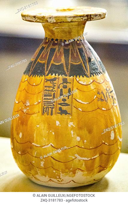 Egypt, Cairo, Egyptian Museum, from the tomb of Yuya and Thuya in Luxor : Vase , painted to imitate salabaster, with nice decorations around the neck and on the...