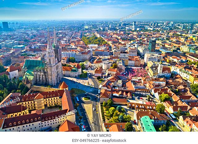 Zagreb cathedral and historic city center aerial view, famous landmarks of capital of Croatia