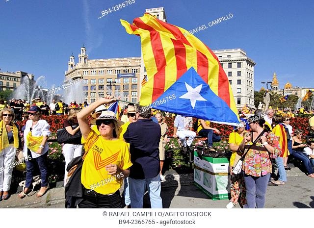 Political demonstration for the independence of Catalonia. Catalan flags. 2014, Barcelona, Catalonia, Spain