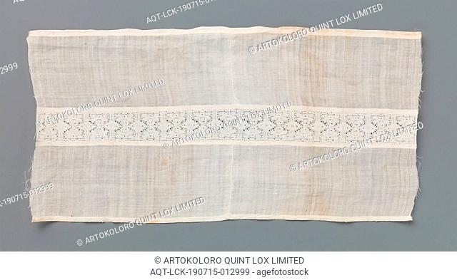 Strip of linen batist with an insert of spool lace with two stylized mirrored flowers between vertical lines and ovals, Strip of linen batist with an insert of...