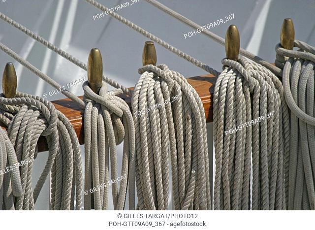 tourism, France, lower normandy, manche, cotentin, cherbourg, roads, tall ships race 2005, ships, race, detail of rigging Photo Gilles Targat