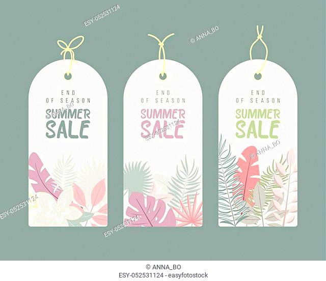 End of Season. Summer hand drawn calligraphyc sale tags set. Beautiful summer posters with palm leaves, textures and hand written text. Fashion tags