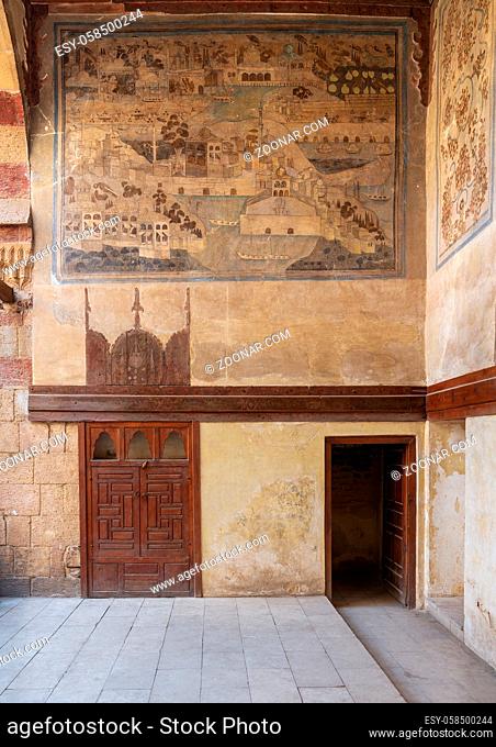 Stone wall decorated with mural depicting Istanbul city at ottoman historic Beit El Set Waseela building (Waseela Hanem House), Old Cairo, Egypt