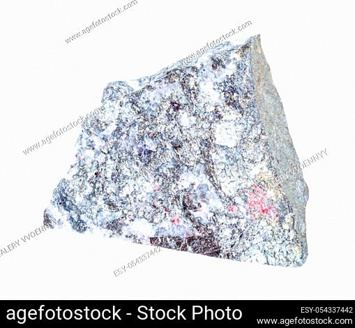 closeup of sample of natural mineral from geological collection - rough Stibnite (Antimonite) rock isolated on white background