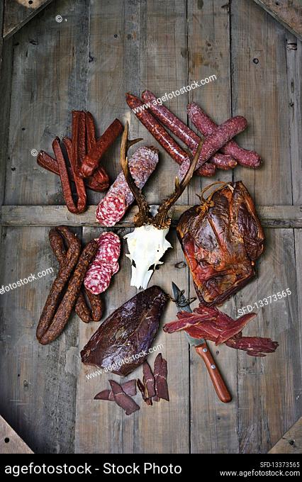 Various types of smoked sausages