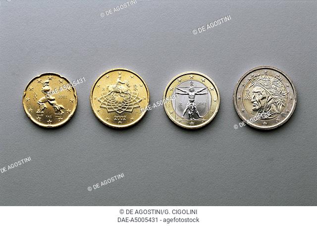 20 cent, 50 cent, 1 euro and 2 euro coins, issued in Italy, 2002, obverse depicting Unique Forms of Continuity in Space by Umberto Boccioni
