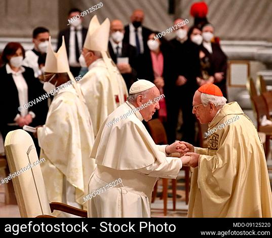 Easter Vigil celebrated by Cardinal Giovanni Battista Re, Dean of the College of Cardinals, in St. Peter's Basilica. Present Pope Francis
