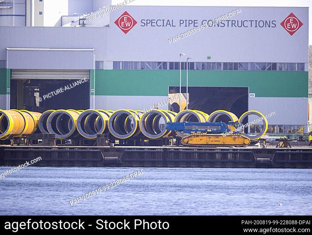 12 August 2020, Mecklenburg-Western Pomerania, Rostock: The large-diameter pipe mill EEW Special Pipe Constructions at the Rostock seaport