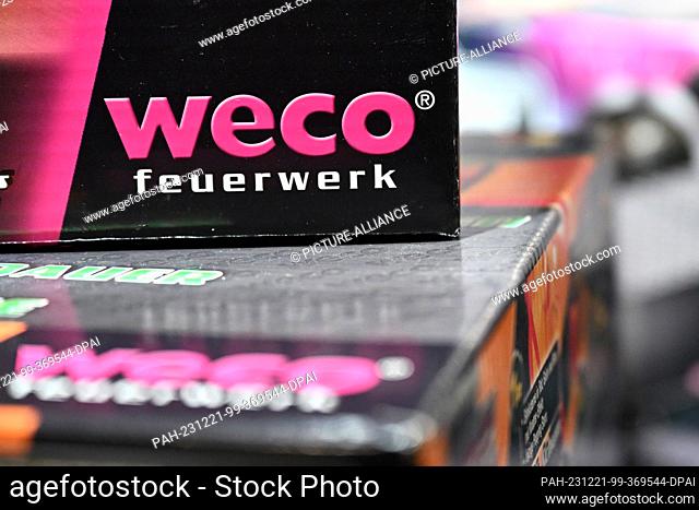 PRODUCTION - 19 December 2023, North Rhine-Westphalia, Eitorf: The logo of the fireworks company Weco in the company's showroom