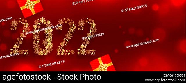 2022 new year red banner made with golden snowflakes with gift boxex